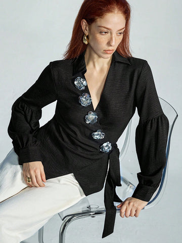 Modichic Women's 3D Sequins Flower Decor Side Tie Lantern Sleeve Blouse