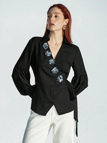 Modichic Women's 3D Sequins Flower Decor Side Tie Lantern Sleeve Blouse