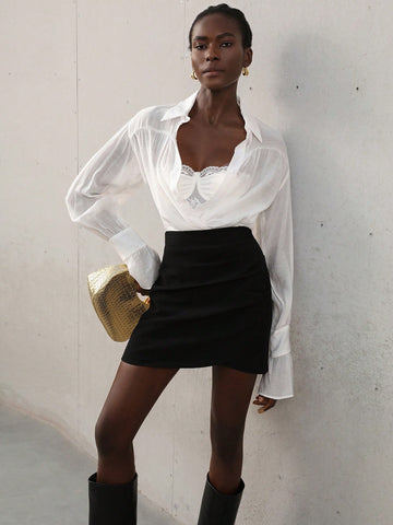 Aveloria Modichic Women's Casual Chiffon Shirt With Butterfly Sleeve, Bow Tie Design, Ruched And Loose Fit