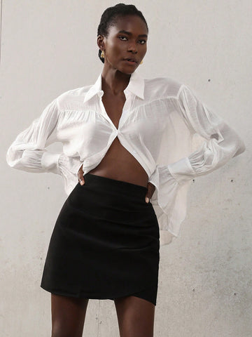 Aveloria Modichic Women's Casual Chiffon Shirt With Butterfly Sleeve, Bow Tie Design, Ruched And Loose Fit