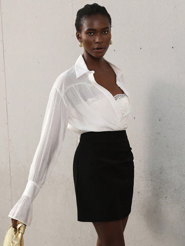 Aveloria Modichic Women's Casual Chiffon Shirt With Butterfly Sleeve, Bow Tie Design, Ruched And Loose Fit