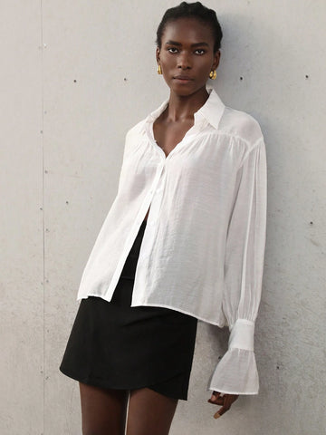 Aveloria Modichic Women's Casual Chiffon Shirt With Butterfly Sleeve, Bow Tie Design, Ruched And Loose Fit