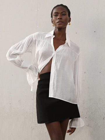 Aveloria Modichic Women's Casual Chiffon Shirt With Butterfly Sleeve, Bow Tie Design, Ruched And Loose Fit