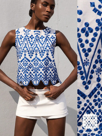 Modichic Women's Casual Embroidered Floral Pattern Colorblock Sleeveless Loose Asymmetrical Hem Blouse