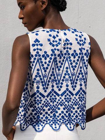 Modichic Women's Casual Embroidered Floral Pattern Colorblock Sleeveless Loose Asymmetrical Hem Blouse