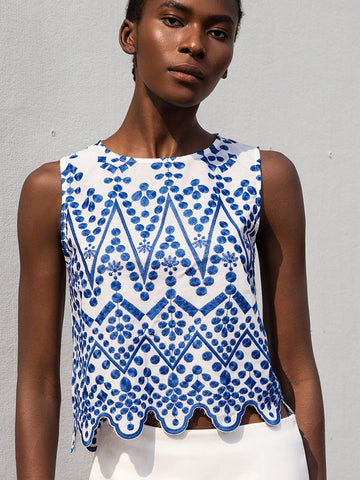 Modichic Women's Casual Embroidered Floral Pattern Colorblock Sleeveless Loose Asymmetrical Hem Blouse