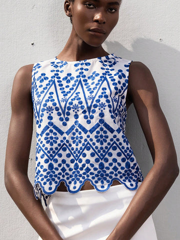 Modichic Women's Casual Embroidered Floral Pattern Colorblock Sleeveless Loose Asymmetrical Hem Blouse