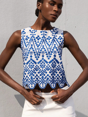 Modichic Women's Casual Embroidered Floral Pattern Colorblock Sleeveless Loose Asymmetrical Hem Blouse