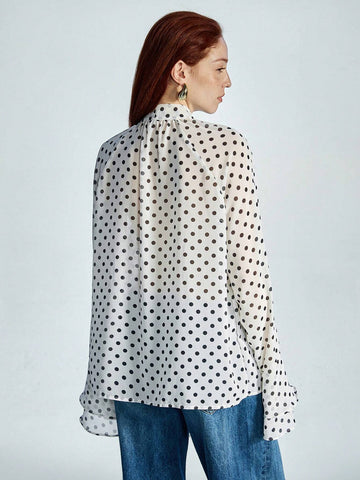 Women's Elegant Chiffon 3D Floral Ruffled Polka Dot Print Loose Blouse