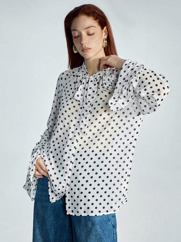 Women's Elegant Chiffon 3D Floral Ruffled Polka Dot Print Loose Blouse