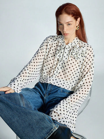 Women's Elegant Chiffon 3D Floral Ruffled Polka Dot Print Loose Blouse