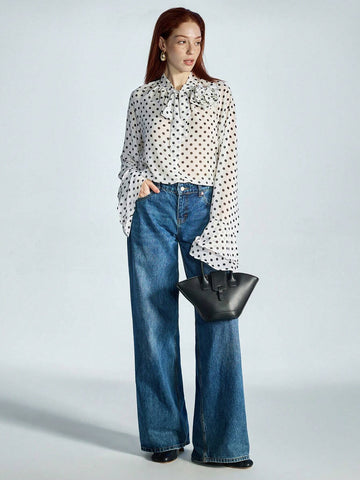 Women's Elegant Chiffon 3D Floral Ruffled Polka Dot Print Loose Blouse