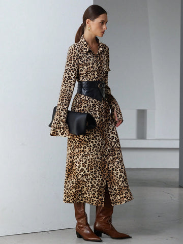 Aveloria Modichic Women's Elegant Commuter Vintage Leopard Print Chiffon Long Shirt Dress With Leather Belt, Waist-Cinched Sensual Semi-Sheer Design, Spring Valentine's Dress
