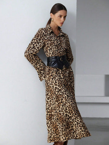 Aveloria Modichic Women's Elegant Commuter Vintage Leopard Print Chiffon Long Shirt Dress With Leather Belt, Waist-Cinched Sensual Semi-Sheer Design, Spring Valentine's Dress