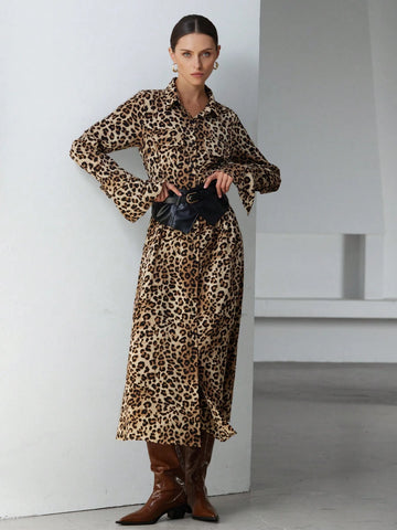 Aveloria Modichic Women's Elegant Commuter Vintage Leopard Print Chiffon Long Shirt Dress With Leather Belt, Waist-Cinched Sensual Semi-Sheer Design, Spring Valentine's Dress
