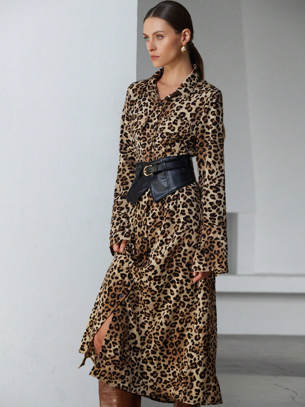 Aveloria Modichic Women's Elegant Commuter Vintage Leopard Print Chiffon Long Shirt Dress With Leather Belt, Waist-Cinched Sensual Semi-Sheer Design, Spring Valentine's Dress