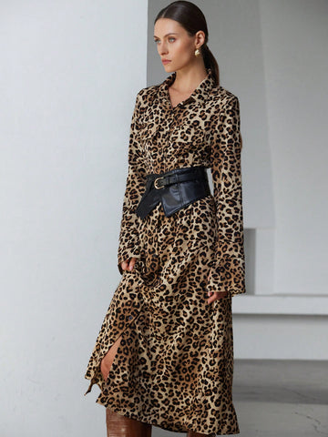 Aveloria Modichic Women's Elegant Commuter Vintage Leopard Print Chiffon Long Shirt Dress With Leather Belt, Waist-Cinched Sensual Semi-Sheer Design, Spring Valentine's Dress