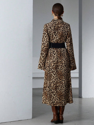 Aveloria Modichic Women's Elegant Commuter Vintage Leopard Print Chiffon Long Shirt Dress With Leather Belt, Waist-Cinched Sensual Semi-Sheer Design, Spring Valentine's Dress