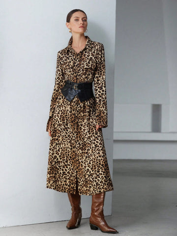Aveloria Modichic Women's Elegant Commuter Vintage Leopard Print Chiffon Long Shirt Dress With Leather Belt, Waist-Cinched Sensual Semi-Sheer Design, Spring Valentine's Dress