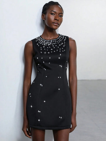 Aveloria Modichic Women's Elegant Crystal Rhinestone Embellished Sleeveless Party Dress