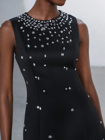 Aveloria Modichic Women's Elegant Crystal Rhinestone Embellished Sleeveless Party Dress