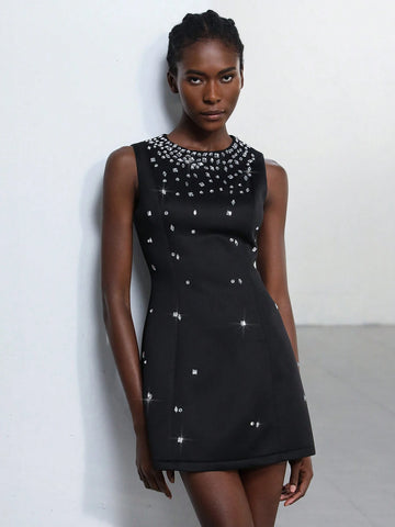 Aveloria Modichic Women's Elegant Crystal Rhinestone Embellished Sleeveless Party Dress