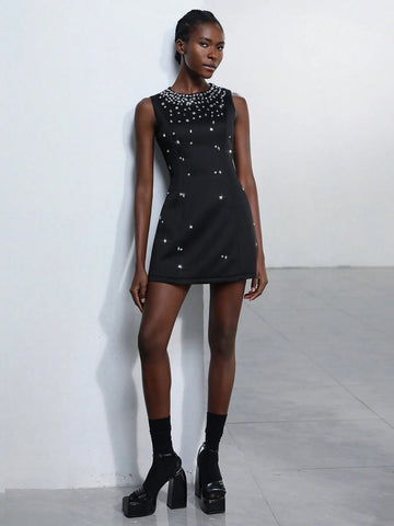 Aveloria Modichic Women's Elegant Crystal Rhinestone Embellished Sleeveless Party Dress