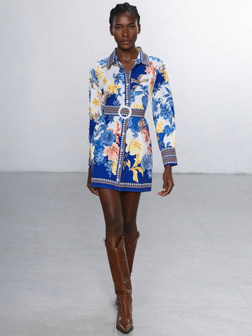 Aveloria Modichic Women's Navy Blue Floral Print Elegant Holiday Dress With Collar, Cinched Waist, And Contrast Panels, 2025 Spring/Summer Colors