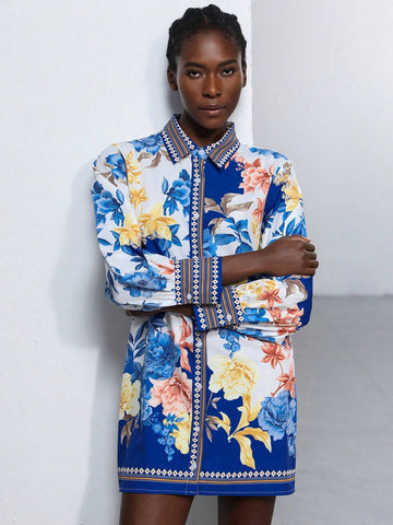 Aveloria Modichic Women's Navy Blue Floral Print Elegant Holiday Dress With Collar, Cinched Waist, And Contrast Panels, 2025 Spring/Summer Colors