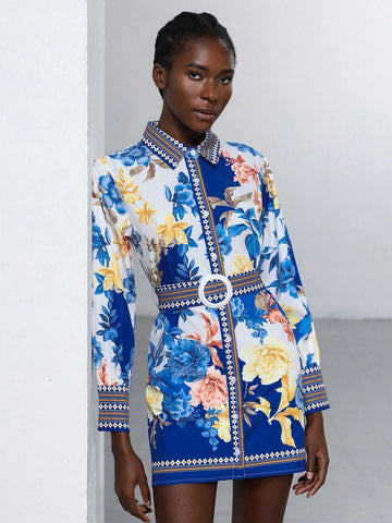 Aveloria Modichic Women's Navy Blue Floral Print Elegant Holiday Dress With Collar, Cinched Waist, And Contrast Panels, 2025 Spring/Summer Colors