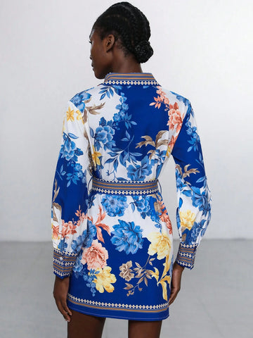 Aveloria Modichic Women's Navy Blue Floral Print Elegant Holiday Dress With Collar, Cinched Waist, And Contrast Panels, 2025 Spring/Summer Colors