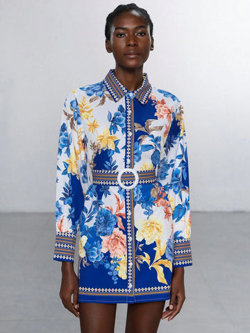 Aveloria Modichic Women's Navy Blue Floral Print Elegant Holiday Dress With Collar, Cinched Waist, And Contrast Panels, 2025 Spring/Summer Colors