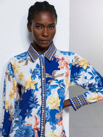 Aveloria Modichic Women's Navy Blue Floral Print Elegant Holiday Dress With Collar, Cinched Waist, And Contrast Panels, 2025 Spring/Summer Colors