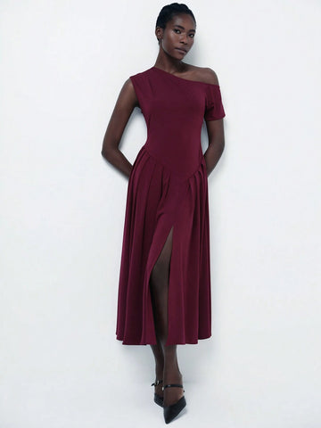 Aveloria Modichic Women's Sexy One Shoulder Asymmetrical Pleat Midi Dress