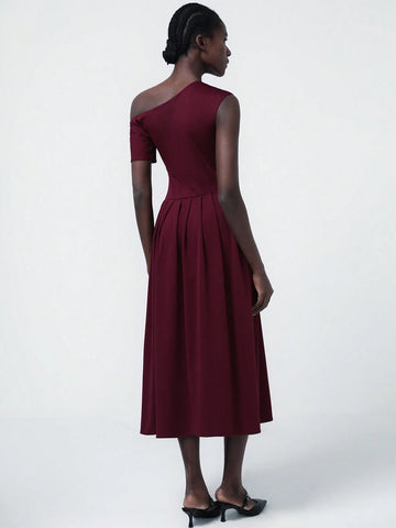 Aveloria Modichic Women's Sexy One Shoulder Asymmetrical Pleat Midi Dress