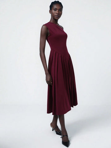 Aveloria Modichic Women's Sexy One Shoulder Asymmetrical Pleat Midi Dress