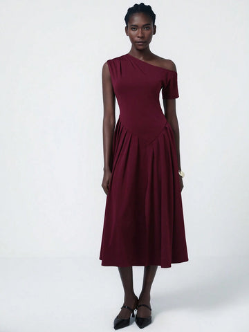 Aveloria Modichic Women's Sexy One Shoulder Asymmetrical Pleat Midi Dress
