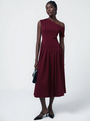 Aveloria Modichic Women's Sexy One Shoulder Asymmetrical Pleat Midi Dress