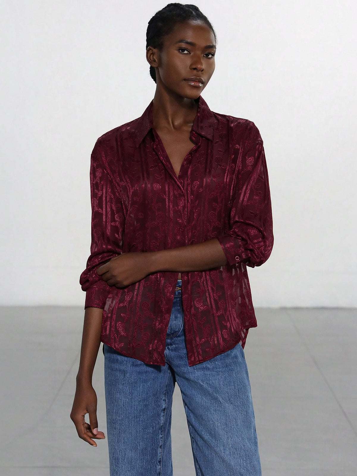 Modichic Women's Single-Breasted Elegant High-End Jacquard Long Sleeve Shirt