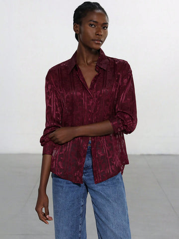 Modichic Women's Single-Breasted Elegant High-End Jacquard Long Sleeve Shirt