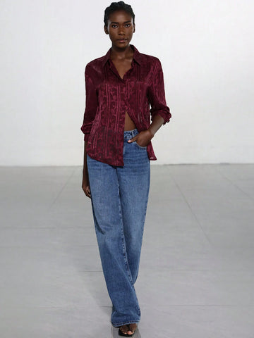 Modichic Women's Single-Breasted Elegant High-End Jacquard Long Sleeve Shirt