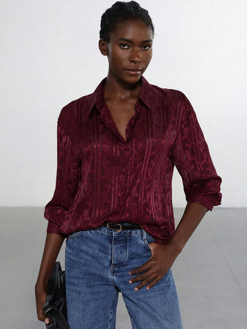 Modichic Women's Single-Breasted Elegant High-End Jacquard Long Sleeve Shirt
