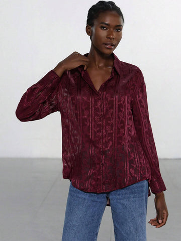 Modichic Women's Single-Breasted Elegant High-End Jacquard Long Sleeve Shirt