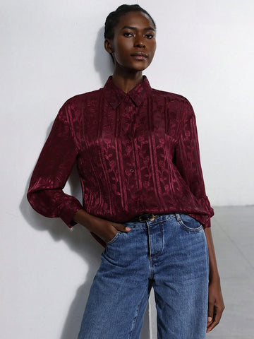 Modichic Women's Single-Breasted Elegant High-End Jacquard Long Sleeve Shirt