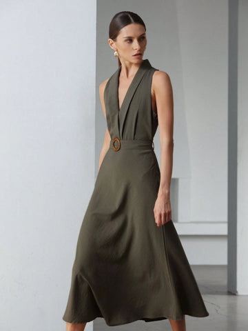 Aveloria Modichic Women's Sleeveless Dress With Linen-Like Neckline Belt Decoration
