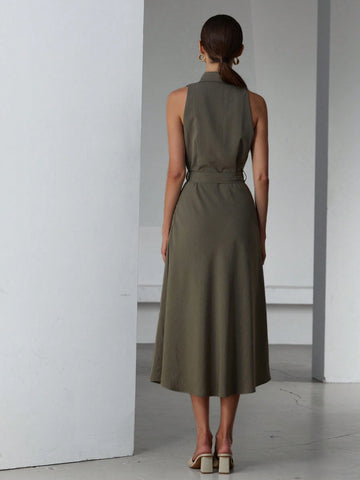 Aveloria Modichic Women's Sleeveless Dress With Linen-Like Neckline Belt Decoration