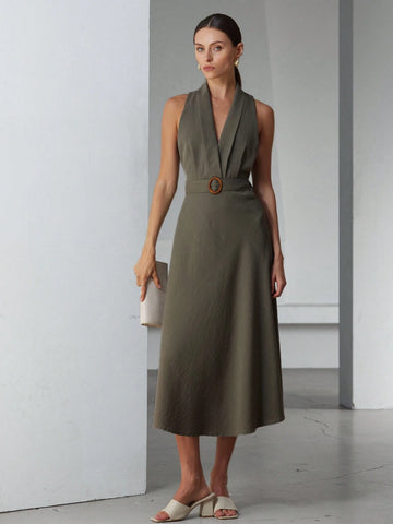 Aveloria Modichic Women's Sleeveless Dress With Linen-Like Neckline Belt Decoration