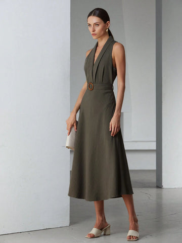 Aveloria Modichic Women's Sleeveless Dress With Linen-Like Neckline Belt Decoration