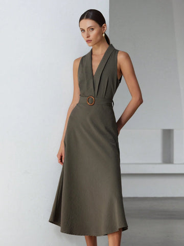Aveloria Modichic Women's Sleeveless Dress With Linen-Like Neckline Belt Decoration