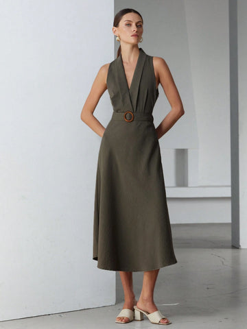 Aveloria Modichic Women's Sleeveless Dress With Linen-Like Neckline Belt Decoration